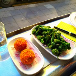 Bunuelas de Bacalao and Pimientos de Padron at Barrafina