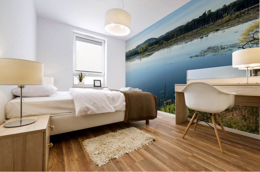 Serene Lakeside View with Forest and Hills Mural print