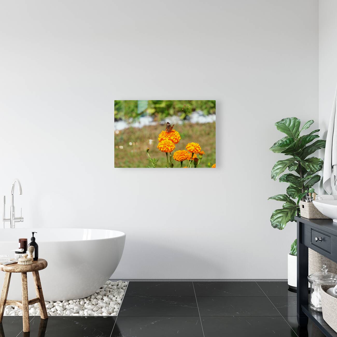 A Butterfly’s Pause Amid Sunfire Blooms Reproduction